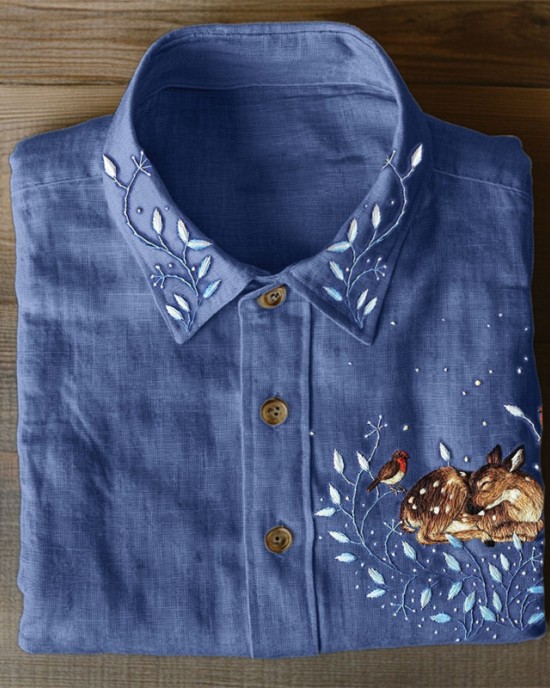 Sleeping Deer Forest Embroidered Linen Blend Blouse Sleeping Deer Forest Embroidered Linen Blend Blouse