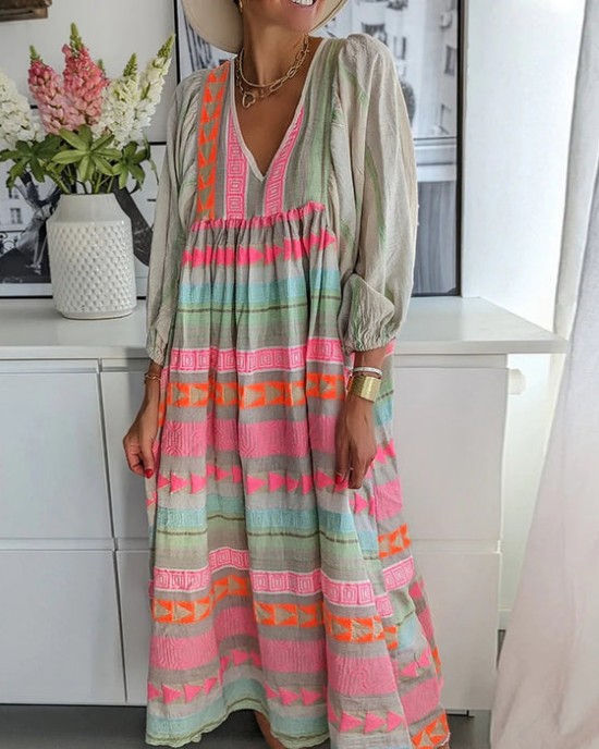 Vintage Colorful Linen Blend Midi Dress Vintage Colorful Linen Blend Midi Dress