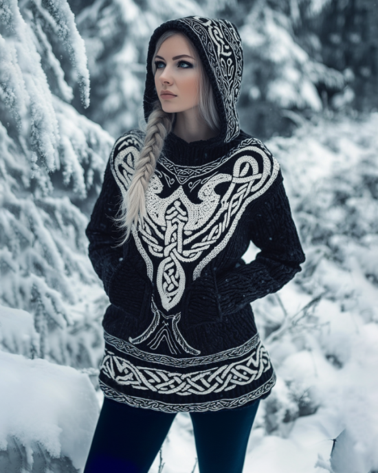 Women's Viking Tribal Celtic Chunky Knit Hooded Sweater Women's Viking Tribal Celtic Chunky Knit Hooded Sweater