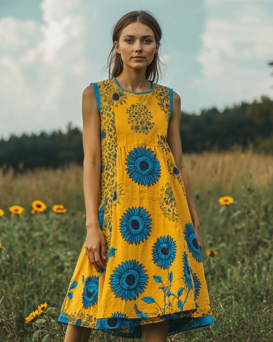 Women's Contrasting Color Floral Patriotic Vest Dress