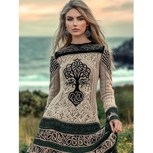 Women's Viking Tree Of Life Symbol Celtic Contrast Thick Round Neck Dress