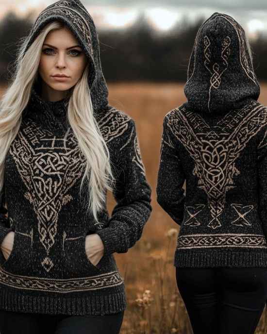 Vintage Viking Vegvisir Celtic Jacquard Hooded Sweater Vintage Viking Vegvisir Celtic Jacquard Hooded Sweater
