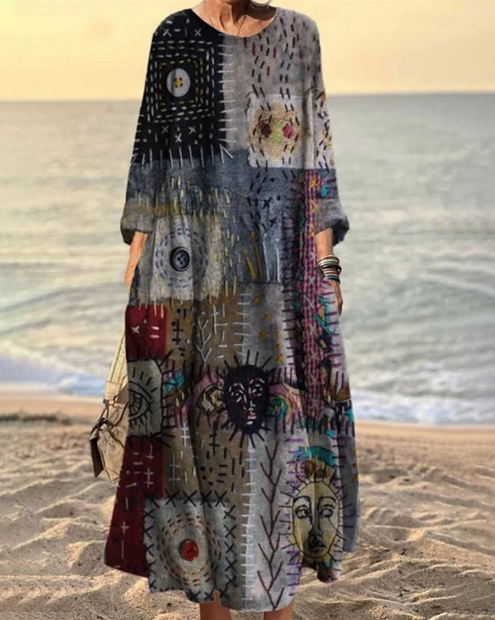Vintage Stitching Geometric Pattern Women's Linen Maxi Dress
