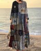 Vintage Stitching Geometric Pattern Women's Linen Maxi Dress