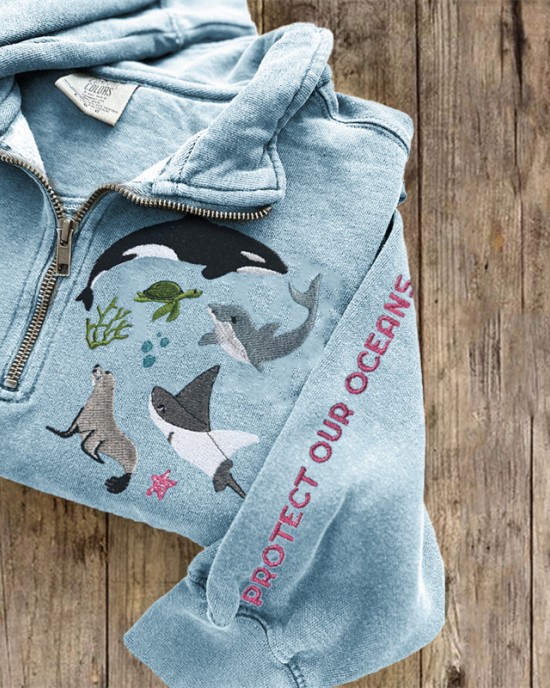 Protect Our Oceans Marine Animals Embroidered Zip Up Sweatshirt Protect Our Oceans Marine Animals Embroidered Zip Up Sweatshirt