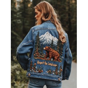 Vintage Landscape Floral And Bear Embroidered Denim Jacket