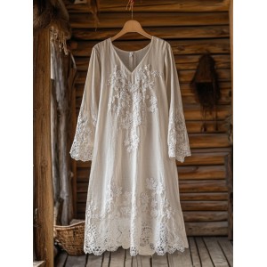 Floral Embroidery Lace Art Linen Blend Maxi Dress