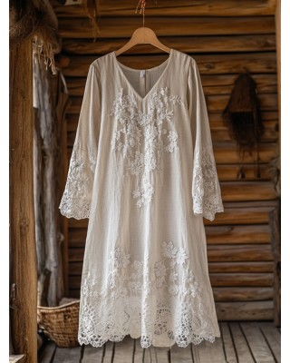 Floral Embroidery Lace Art Linen Blend Maxi Dress