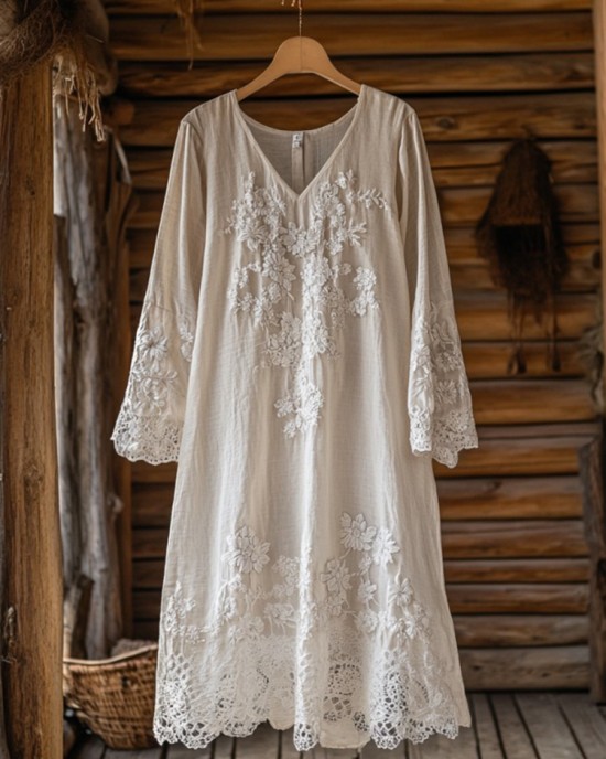 Floral Embroidery Lace Art Linen Blend Maxi Dress Floral Embroidery Lace Art Linen Blend Maxi Dress
