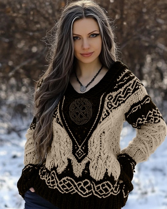 Women's Viking Rune Knit Jacquard V-neck Sweater