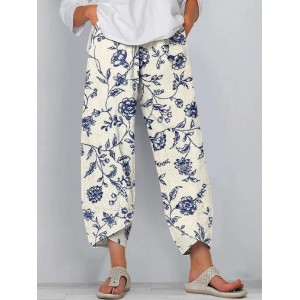 Women's Vintage Blue Floral Print Linen Blend Pants