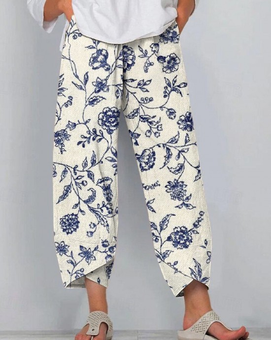 Women's Vintage Blue Floral Print Linen Blend Pants Women's Vintage Blue Floral Print Linen Blend Pants