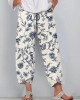 Women's Vintage Blue Floral Print Linen Blend Pants Women's Vintage Blue Floral Print Linen Blend Pants