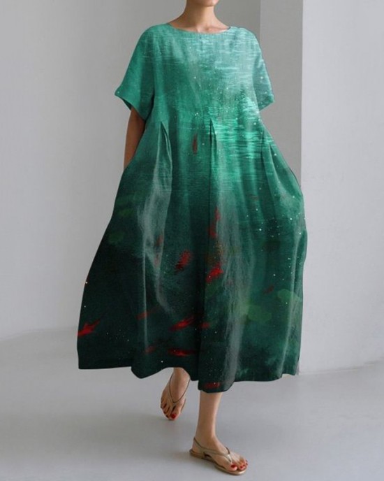 Fish Art Print Round Neck Short Sleeve Casual Midi Dress Fish Art Print Round Neck Short Sleeve Casual Midi Dress