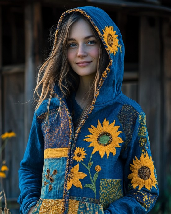 Ukraine Ethnic Sunflowers Embroidered Patchwork Full Zip Hoodie Ukraine Ethnic Sunflowers Embroidered Patchwork Full Zip Hoodie