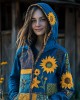 Ukraine Ethnic Sunflowers Embroidered Patchwork Full Zip Hoodie Ukraine Ethnic Sunflowers Embroidered Patchwork Full Zip Hoodie