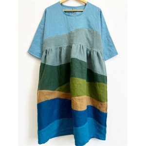 Blue Tone Landscape Colorblock Linen Dress