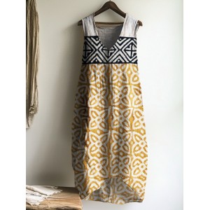 Indigo Floral Ethnic Natural Block Print Linen Tank Dress