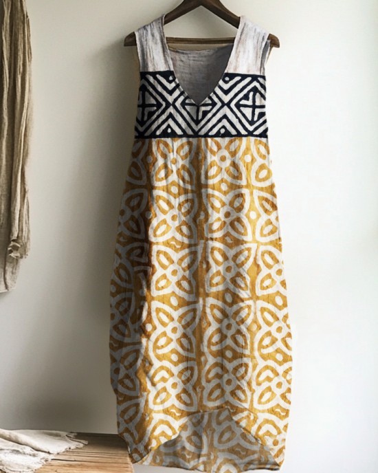 Indigo Floral Ethnic Natural Block Print Linen Tank Dress Indigo Floral Ethnic Natural Block Print Linen Tank Dress