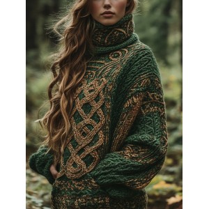 Classic Celtic Knot Jacquard Contrast Color Turtleneck Sweater