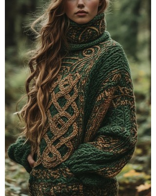 Classic Celtic Knot Jacquard Contrast Color Turtleneck Sweater