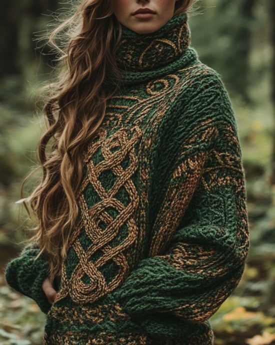 Classic Celtic Knot Jacquard Contrast Color Turtleneck Sweater