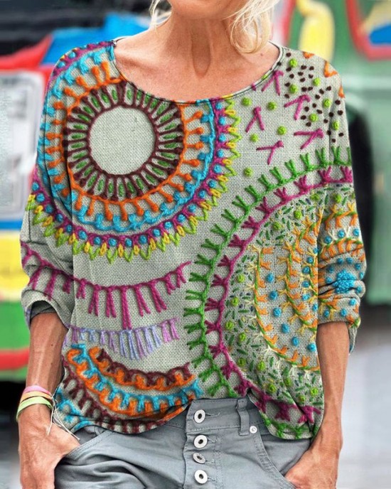 Floral Stitch Embroidery Pattern Women's Linen Long Sleeve T-shirt Floral Stitch Embroidery Pattern Women's Linen Long Sleeve T-shirt