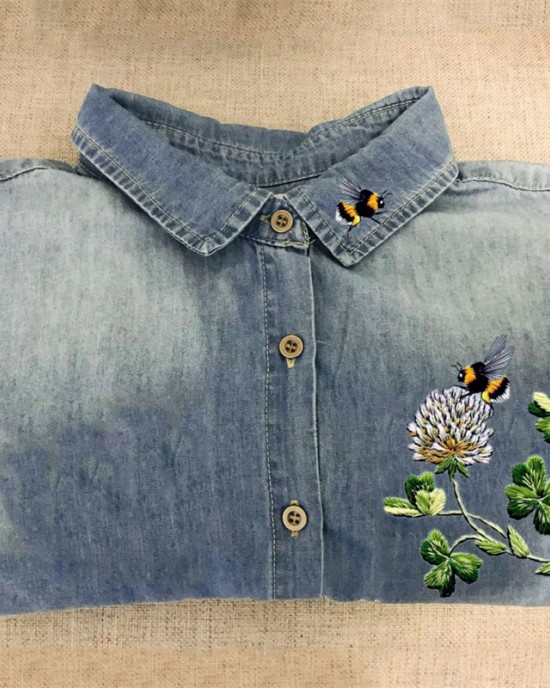 Cottage Bees & Clovers Embroidered Washed Denim Blouse Cottage Bees & Clovers Embroidered Washed Denim Blouse