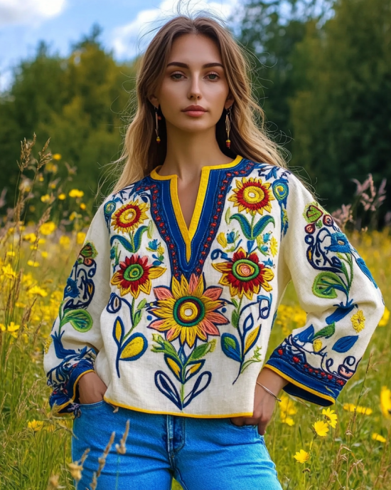 Ukrainian Folk Sunflower Floral Embroidery Art Linen Shirt