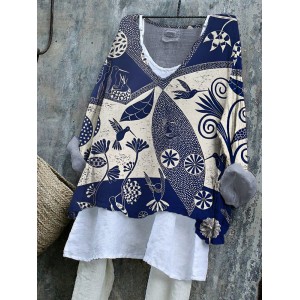 Japanese Flower Bird Geometric Pattern Women's Linen Shirt