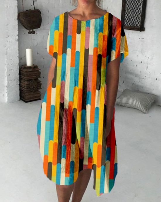 Retro Color Block Abstract Art Linen Blend Midi Dress Retro Color Block Abstract Art Linen Blend Midi Dress