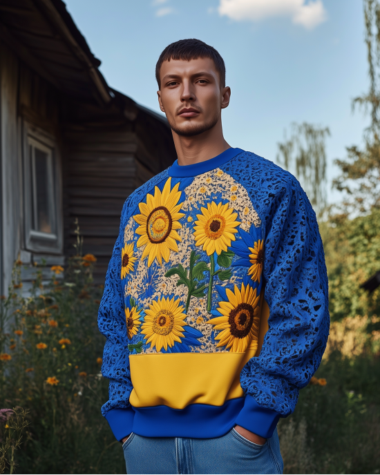 Men's Ukrainian Sunflower Embroidery Raglan Sleeve Casual Sweatshirt Men's Ukrainian Sunflower Embroidery Raglan Sleeve Casual Sweatshirt