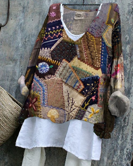 Geometric Stitching Pattern Vintage Women's Linen Shirt Geometric Stitching Pattern Vintage Women's Linen Shirt