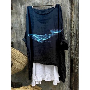Ocean Whale Art Graphic Linen Blend Flowy Tunic