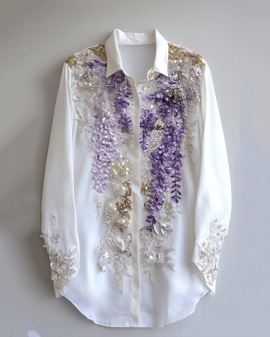 Women's Purple Floral Embroidered Art Linen Blend Shirt Women's Purple Floral Embroidered Art Linen Blend Shirt
