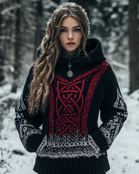 Women's Viking Totem Celtic Knot Retro Pocket Hooded Sweater Women's Viking Totem Celtic Knot Retro Pocket Hooded Sweater