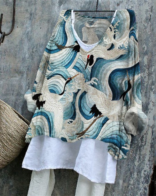 Cranes Over Sea Waves Japanese Embroidered Tunic Cranes Over Sea Waves Japanese Embroidered Tunic