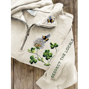 Respect The Locals Bees & Clovers Embroidered Zip Up Sweatshirt