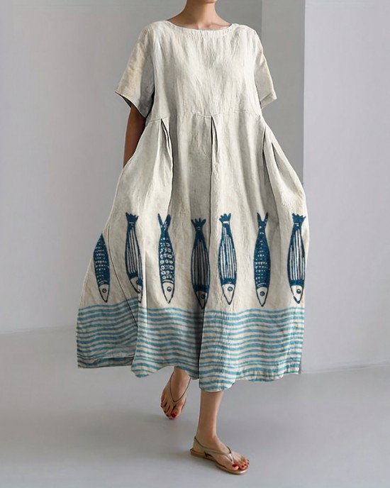 Fish Sea Waves Japanese Lino Art Bottom Linen Blend Maxi Dress