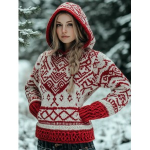 Women's Vintage Viking Valentine's Day Love Jacquard Hooded Sweater