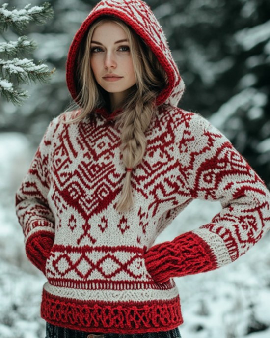 Women's Vintage Viking Valentine's Day Love Jacquard Hooded Sweater Women's Vintage Viking Valentine's Day Love Jacquard Hooded Sweater