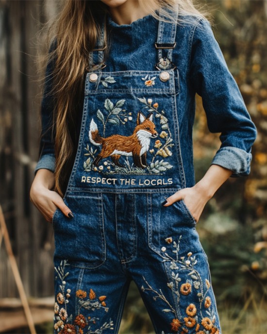 Respect The Locals Fox Floral Embroidered Denim Overalls Respect The Locals Fox Floral Embroidered Denim Overalls