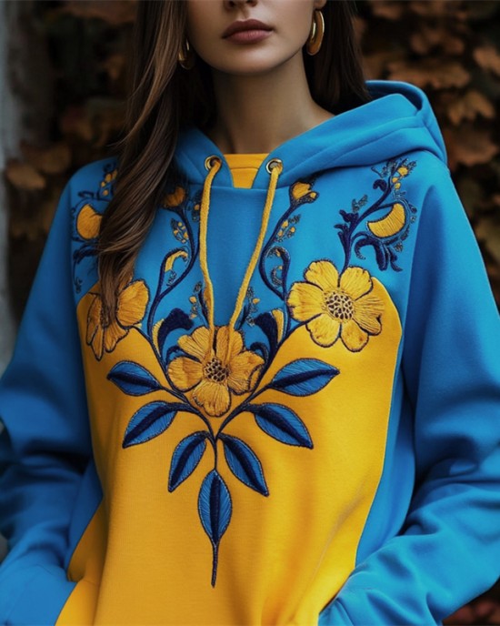 Ukraine Ethnic Floral Embroidered Contrast Color Hoodie Ukraine Ethnic Floral Embroidered Contrast Color Hoodie