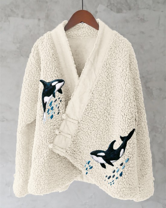 Ocean Whales Embroidery Art Fleece Kimono Cardigan