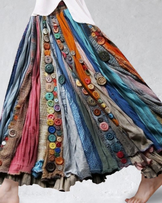 Boho Colorful Textile Flowy Linen Blend Wide Skirt Boho Colorful Textile Flowy Linen Blend Wide Skirt