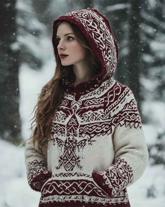 Women's Vintage Viking Valentine's Day Love Jacquard Hooded Sweater Women's Vintage Viking Valentine's Day Love Jacquard Hooded Sweater