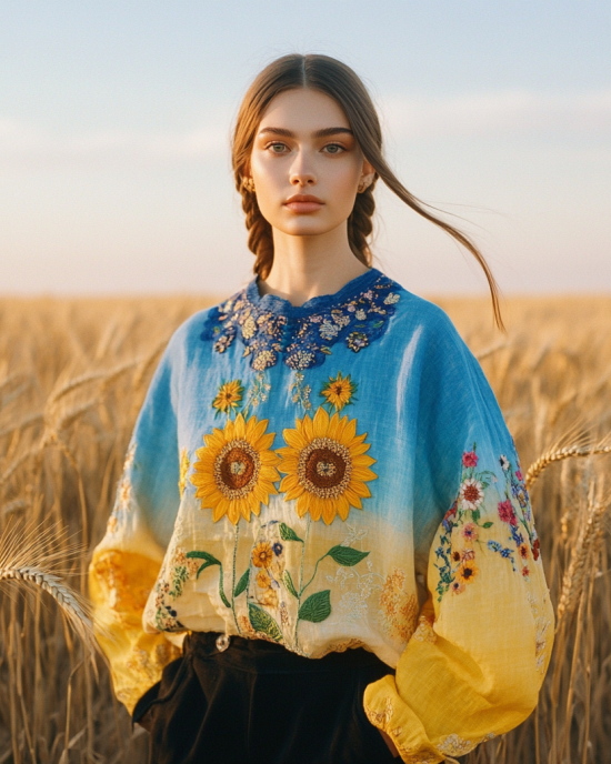 Women's Ukrainian Flag Sunflower Embroidered Crew Neck Linen Blend T-shirt Women's Ukrainian Flag Sunflower Embroidered Crew Neck Linen Blend T-shirt