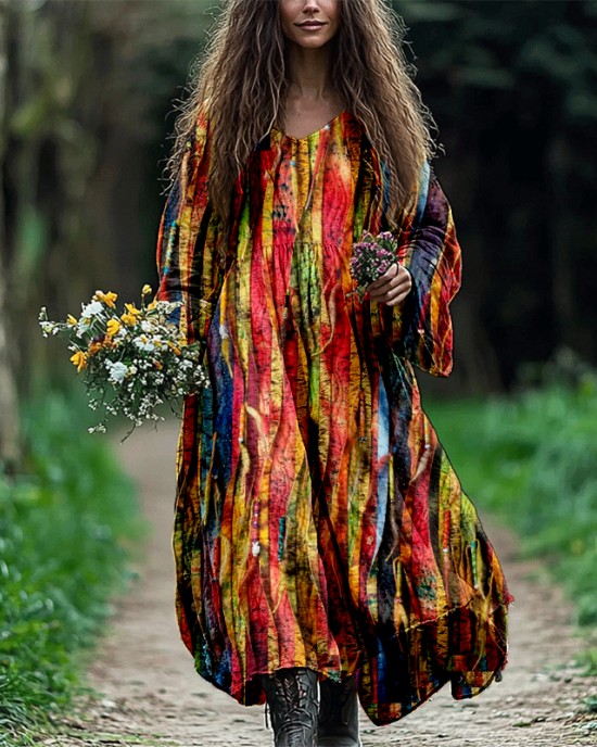 Colorful Boho Patchwork Flowy Linen Maxi Dress Colorful Boho Patchwork Flowy Linen Maxi Dress