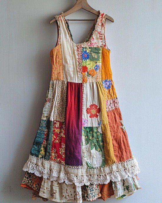 Floral Pattern Lace Patchwork Linen Blend Dress Floral Pattern Lace Patchwork Linen Blend Dress