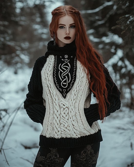 Women's Viking Tribal Jacquard Celtic Inspired Chunky Knit Hooded Sweater